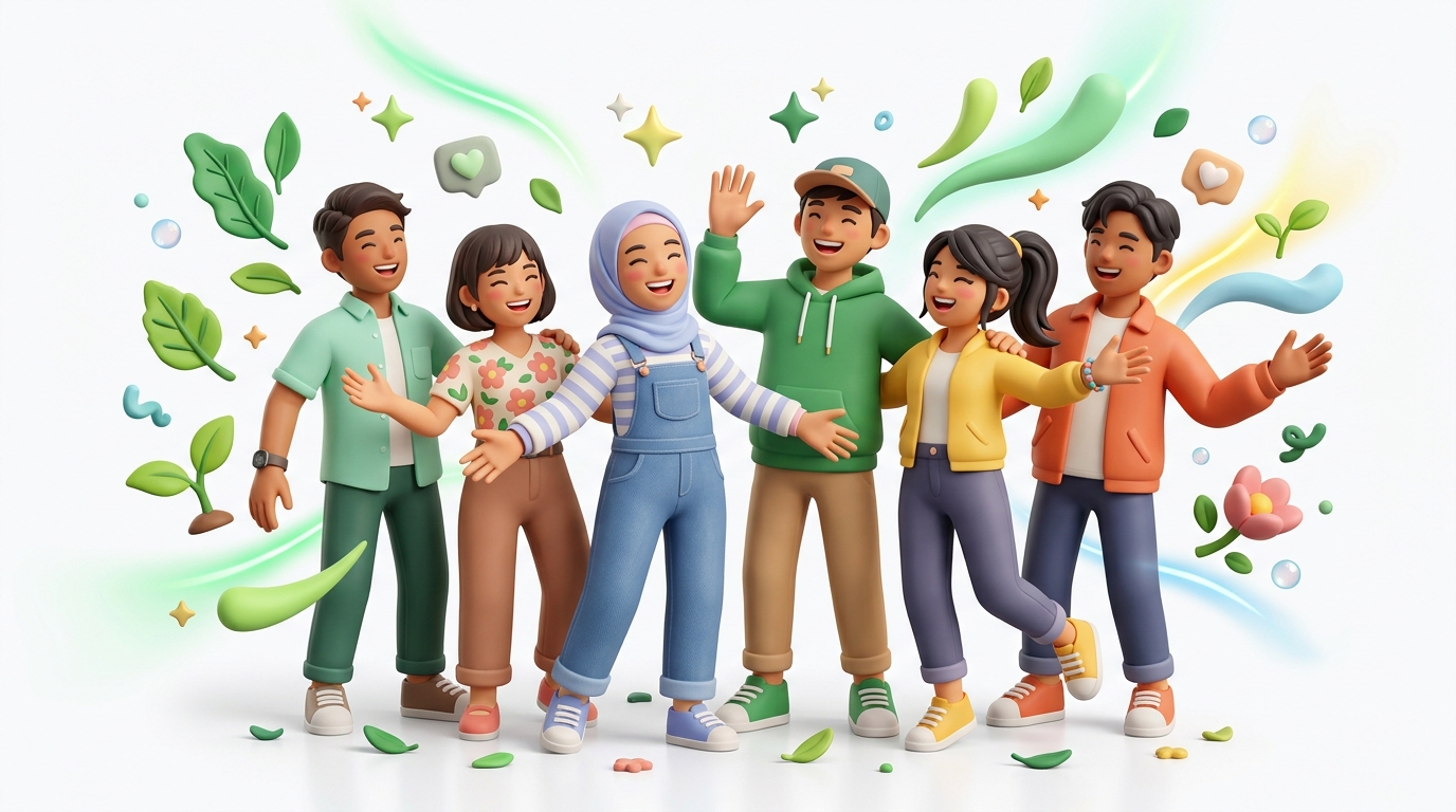 Kelompok remaja Indonesia ceria merayakan kesehatan mental dan pertumbuhan diri di Ruang Tumbuh